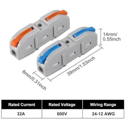 70 Piece Lever Wire Connector Kit For Quick Connect Splicing, Reusable Inline Terminals For 28 To 12 AWG Wires dimensions shown