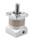 Planetary gearbox for 10mm shaft; 10:1 ratio, silver aluminum housing, 4-hole flange