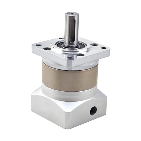 Planetary gearbox for 10mm shaft; 10:1 ratio, silver aluminum housing, 4-hole flange