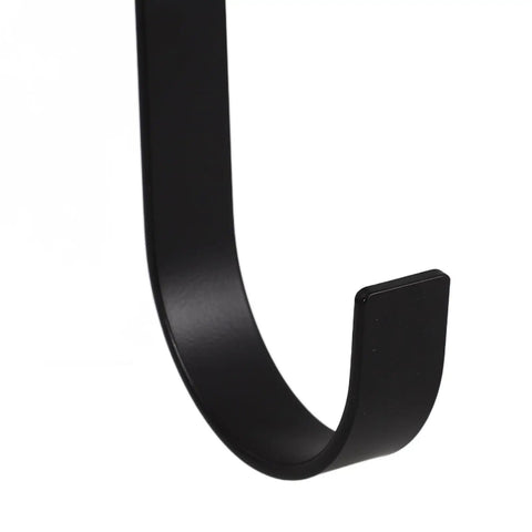 Close-up of black steel hook from Four Pack Overhead Garage Storage Hooks Black Heavy Duty Ceiling And Wall Hanging Hooks For Garage Home Office Kitchen And Bathroom Organization No Tools Needed.