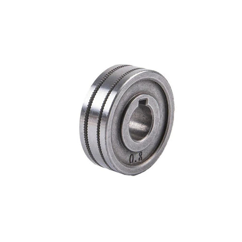 Close-up of metal MIG/MAG welding feed roller wheel with knurled edge, 0.8mm
