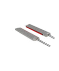 Rectangular through-beam fiber optic sensor with metal sheath, side view showing area detection feature, light curtain amplifier ready.