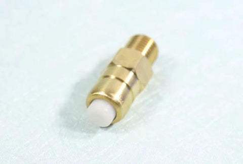 Close-up of brass thermal release relief valve for pressure washer; brass body with threaded ends.