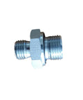 Silver metal hydraulic hose fitting adapter with male-threaded ends and hexagonal center.