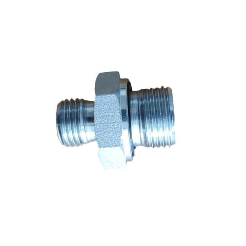Silver metal hydraulic hose fitting adapter with male-threaded ends and hexagonal center.
