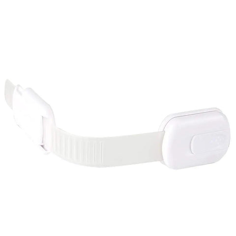 Baby Safety Locks For Cabinets And Drawers, Multifunctional Strap Lock With Non Plastic Design, Easy Peel And Stick Installation For Kid Safe Cupboards And Fridges, Keeps Curious Kids Safe In Everyday Home Use, shown in white color, closed position