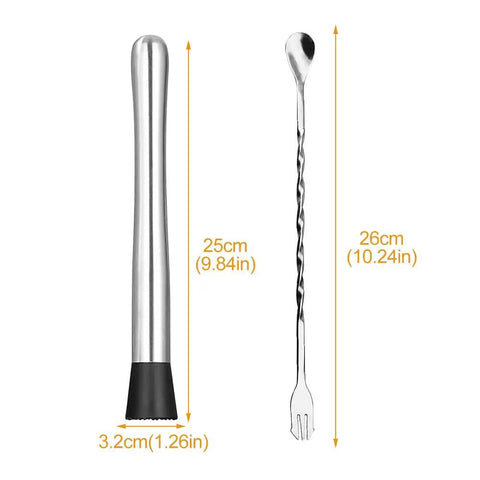 10 Inch Cocktail Muddler Set With 2 Stainless Steel Muddlers And 2 Long Handle Mixing Spoons For Mojitos And Fruit Drinks