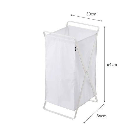 Foldable Laundry Basket With Steel Frame And Polyester Bag Portable Hamper Organizer For Home Collapsible Laundry Tote In White, dimensions labeled in cm.