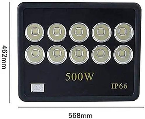 Heavy Duty 500W LED Flood Light Slays Dark Spaces With Top Shelf IP66 Waterproof Shield And Bomb Proof Glass, dimensions shown.