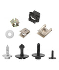 Audi A6 Engine Cover Repair Kit Screws And Clips Set 4F0863821K Durable Super Easy Install For 4B C5 C6 Models Ideal Replacement For Loose Or Missing Engine Cover Fasteners. Mixed metal and plastic fastener set on white background.