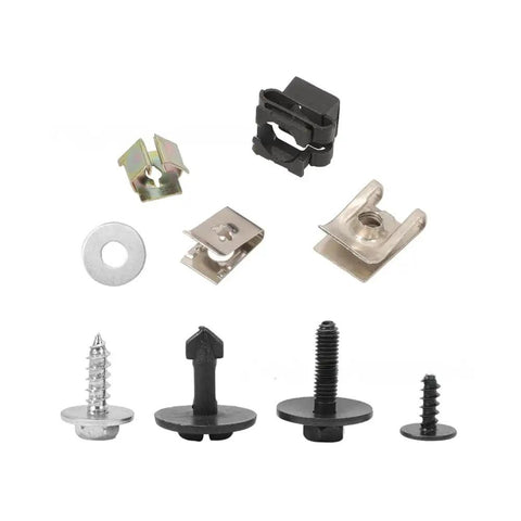 Audi A6 Engine Cover Repair Kit Screws And Clips Set 4F0863821K Durable Super Easy Install For 4B C5 C6 Models Ideal Replacement For Loose Or Missing Engine Cover Fasteners. Mixed metal and plastic fastener set on white background.