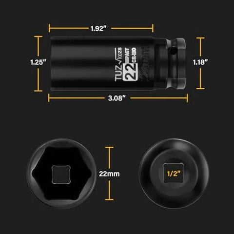 Heavy Duty 1/2 Inch Drive 22mm Deep Well Metric Impact Socket CR-MO Steel 6 Point Radius Corner Design dimensions