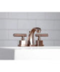 Claremont Mini Widespread Lavatory Faucet With Solid Brass Pop Up In Polished Chrome on white sink