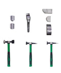 Heavy Duty Auto Body Hammer And Dolly Repair Kit For Sheet Metal Dent Removal, tools displayed vertically on white background.