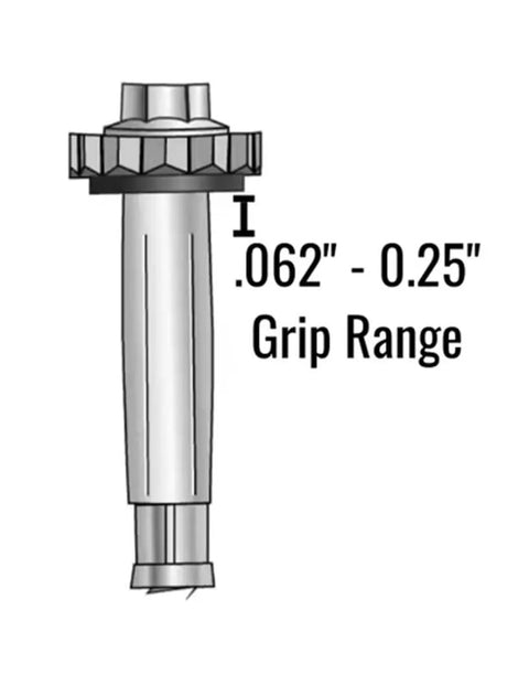 Job-Site Ready Contractor Grade Heavy-Duty Low Carbon Steel Hex Washer Head Fasteners with Aluminum Sleeve and Epdm Seal.062 to.250 Inch Sure-Grip, grip range illustration.