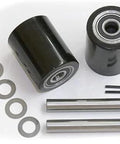 Beefed Up Heavy Duty Load Wheel Kit For Multiton Manual Pallet Jack Models TM And J, components visible, black wheels, axles