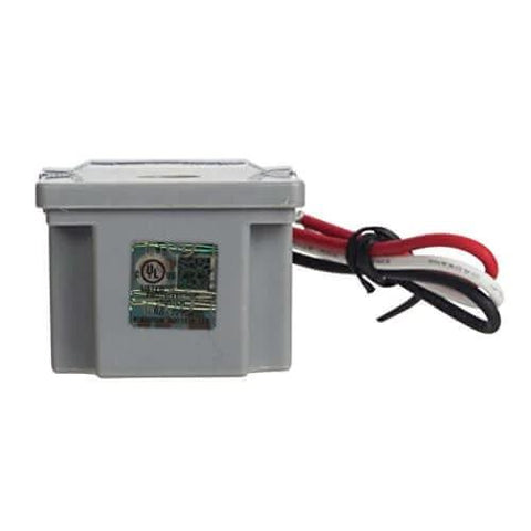 Side view of Outdoor 120V Stem Mount Photocontrol With Light Adjustment Bar, showing wires for exterior lighting setup.