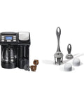 Solid Trio Coffee Maker Bundle Comes With Two Fresh Water Filter Pods And Swift Single Serve Option For Real Good Morning Coffee In Sleek Black Cabinet with water filter pods.
