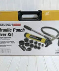 Packaging of 14 Piece Hydraulic Hole Punch Kit For Metal Work Portable Yellow And Black Punch Holes In 11 Gauge Steel And 16 Gauge Stainless