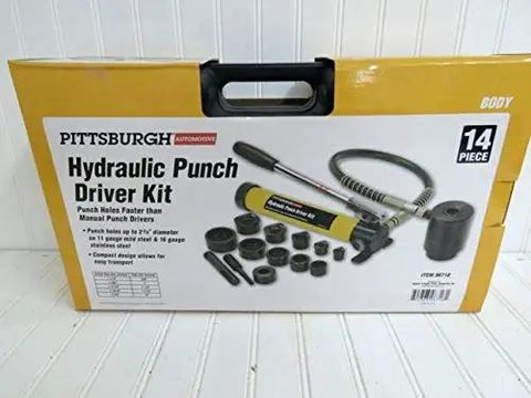 Packaging of 14 Piece Hydraulic Hole Punch Kit For Metal Work Portable Yellow And Black Punch Holes In 11 Gauge Steel And 16 Gauge Stainless
