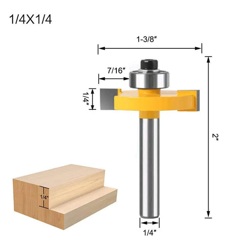 Three Piece Rabbet Router Bit Set With Quarter Inch Shank And Six Interchangeable Bearings, shown with 1/4-inch cut depth.