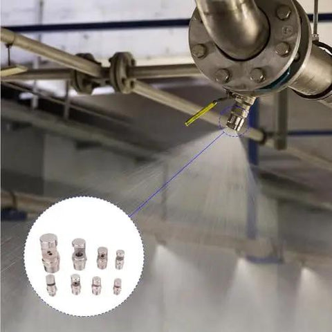 Shop Grade Heavy Duty 304 Stainless Steel Wide Angle Fan Nozzle 1 4 Inch External Thread For Tough Industrial Cooling And Dust Removal Fire Sprinkler Spray Head 4Mm Orifice 5 Pc Pack with water spray in industrial setting.