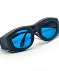 Kickbutt CE Certified IR Laser Safety Goggles With No Cap OD6 Plus Protection For 600 To 1100Nm Wavelengths, black frame with blue lenses.