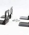 Front view of four black steel Nema 23 motor mounting brackets with screws