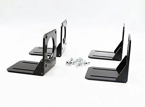 Front view of four black steel Nema 23 motor mounting brackets with screws