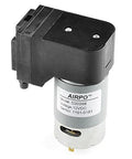Front view of a 12V mini diaphragm vacuum pump with black top and silver motor housing; AIRPO label visible