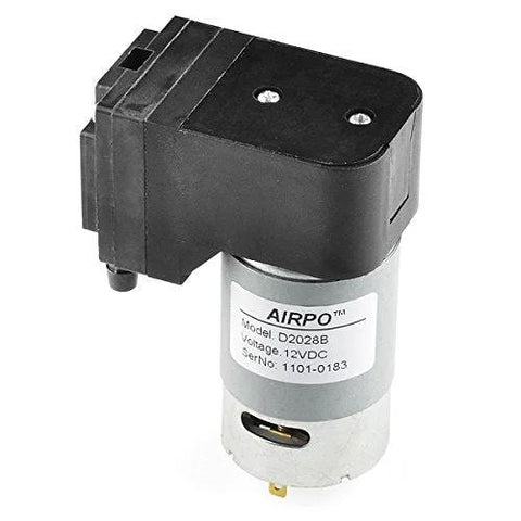 Front view of a 12V mini diaphragm vacuum pump with black top and silver motor housing; AIRPO label visible