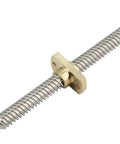 Close-up of brass T8 nut on trapezoidal lead screw for Ender 3 CR10, part of Six Pack Brass T8 Nut For 8mm Trapezoidal Lead Screw 2mm Pitch 8mm Lead Ender 3 CR10 Series Z Axis CNC 3D Printer Parts Easy Install Smooth Motion Durable.
