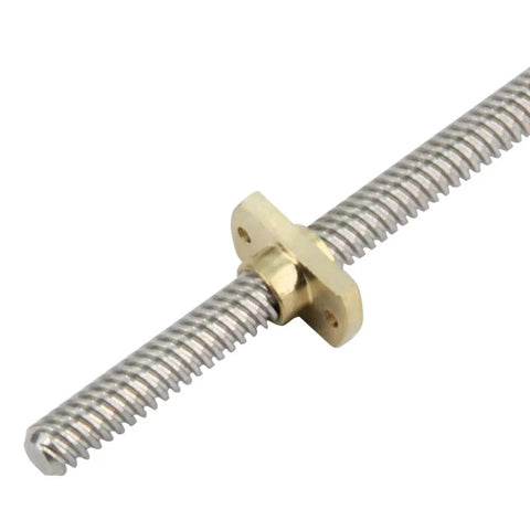 Close-up of brass T8 nut on trapezoidal lead screw for Ender 3 CR10, part of Six Pack Brass T8 Nut For 8mm Trapezoidal Lead Screw 2mm Pitch 8mm Lead Ender 3 CR10 Series Z Axis CNC 3D Printer Parts Easy Install Smooth Motion Durable.