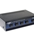 Front view of a black Four Zone Speaker Switch Box For Multi Channel Stereo System A B C D Selector Hub with control knobs.