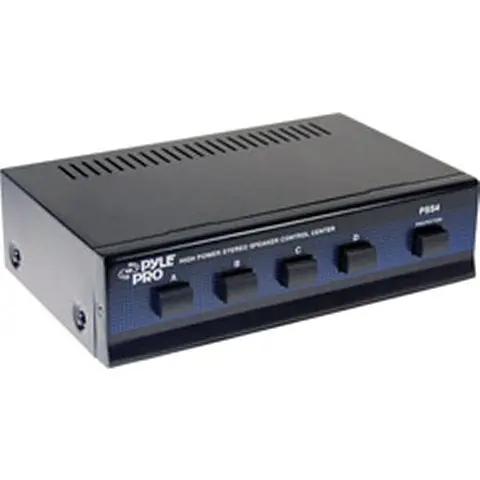 Front view of a black Four Zone Speaker Switch Box For Multi Channel Stereo System A B C D Selector Hub with control knobs.