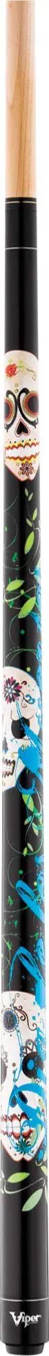 Dia De Los Muertos Billiard Cue 58 Inch 2 Piece Maple Shaft With Tattoo Style Graphics Black Finish 18 Ounce ABS Joint