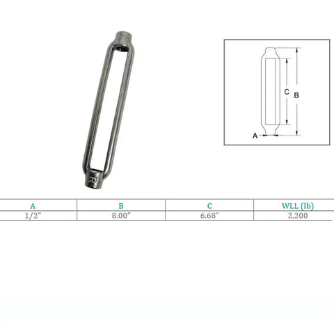 Built Like A Tank Marine Grade 316 Stainless Turnbuckle Bodies 1/2 In X 6-3/4 In Solid 2200 Lbs Rating, 6.68 in length.