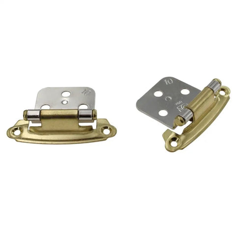 Self-Closing Cabinet Hinges, Chrome And Polished Brass Face Mount, Variable Overlay, 2 1/8 Inch Hole Centers, Polished Brass Finish