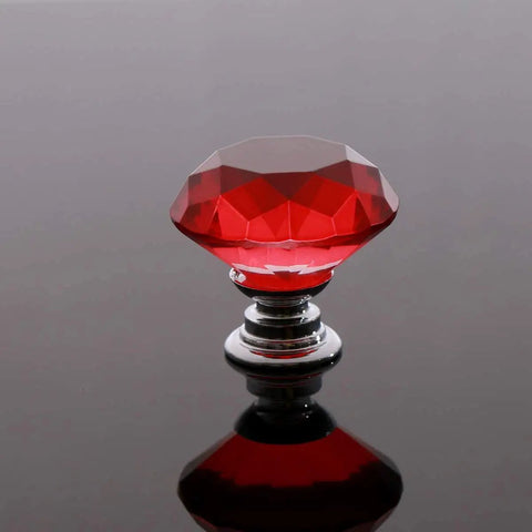 Showstopping Sparkling Diamond Shaped Crystal Glass Cabinet Knobs and 30mm Drawer Pulls with Red Accent Alloy Chrome Hardware to Slap Your Kitchen or Dresser Look Game Strong All Day - close-up of red crystal knob.