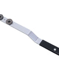Duct Stretcher Tool For HVAC Installations And Repairs, metal sheet shaping device with black handle and sliding washers, side view.