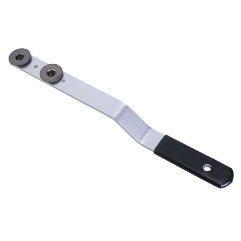 Duct Stretcher Tool For HVAC Installations And Repairs, metal sheet shaping device with black handle and sliding washers, side view.
