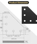 2020 Aluminum Extrusion Corner Bracket Set diagram showing dimensions for 20x20mm profiles, L shape with 5 holes, black color.