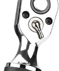 Close-up of Digital Torque Wrench And Spanner Socket Set Bad Ass Chrome Vanadium Steel ratchet head detail for mechanics.