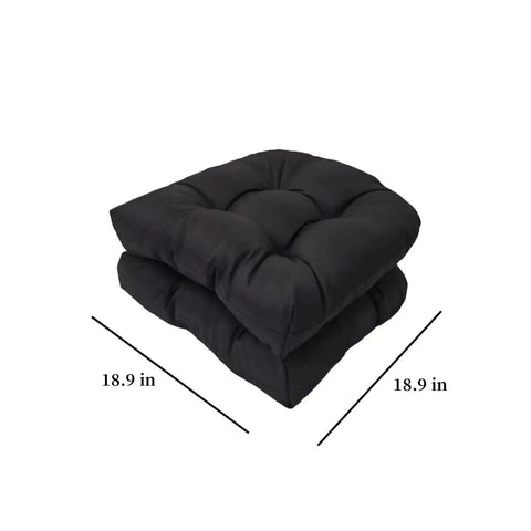 Stacked black Overstuffed Waterproof Outdoor Chair Cushions Set Of 2 19x19 U Shaped Patio Cushions for wicker rocking chairs and dining room.