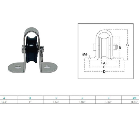 Marine Boat 1/4 Inch Surface Mount Pulley Block With Nylon Sheave And Stainless Steel T304, shown with dimensions.