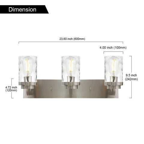Go To Brushed Nickel Vanity Light 3 Light Modern Bathroom Fixtures Over Mirror With Hammered Glass Shade dimensions