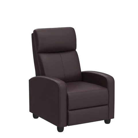 Single brown recliner from Comfy Padded Seat Recliner Chairs Set Of 2 For Home Theater, upholstered in PU leather with sturdy wood frame.