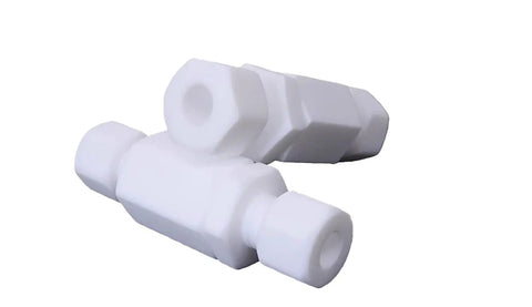 No Nonsense 10 Pack PTFE Teflon Check Valves 1/8 Inch To 1/8 Inch smooth flow, white polymer one way check valves for fluid control.