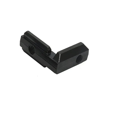 Complete Black 2020 Aluminum Extrusion Corner Brackets Full M5 Fastener Kit T Nuts Screws And Heavy Duty Wrench For V Slot Rig Frames and Drop Dead Easy Project Builds - Detailed view of black aluminum corner bracket.