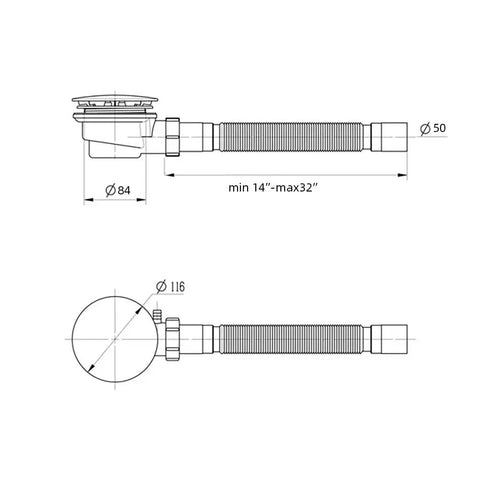 Technical diagram of Low Profile 1.5 Inch Shower Drain Trap with Side Outlet Assembly for Replacement Shower Base PVC.